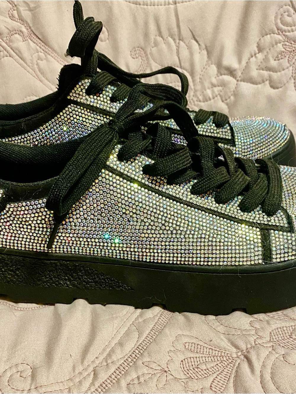 Sparkle Lace-Up Platform Sneakers - Black with Iridescent Crystal Detail